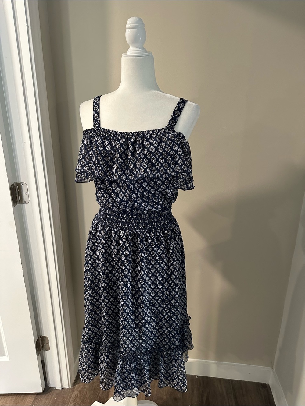 Tommy Hilfiger Navy & White Printed Tiered Smocked Midi Dress